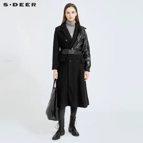 sdeer圣迪奥冬季时尚个性羽绒拼接收腰长款毛呢大衣女S20481836图片