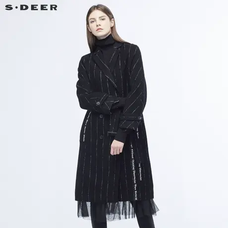 sdeer圣迪奥秋冬黑白拼接字母刺绣翻领中长毛呢大衣S18481837图片