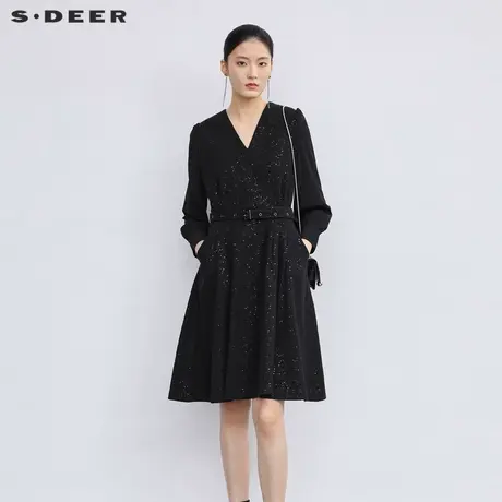【直播间专属】sdeer圣迪奥女装V领收腰拼接长袖连衣裙S223Z12DF图片
