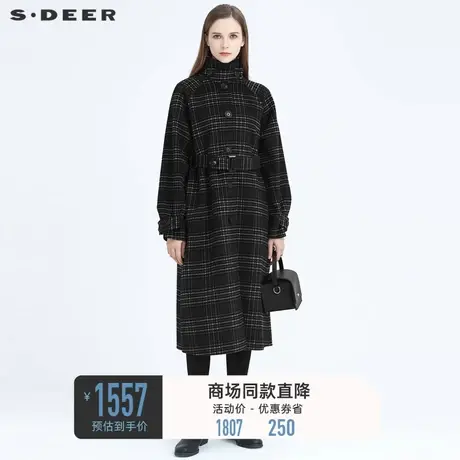 sdeer圣迪奥女时尚格纹立领收腰中长款通勤毛呢大衣外套S20481867图片