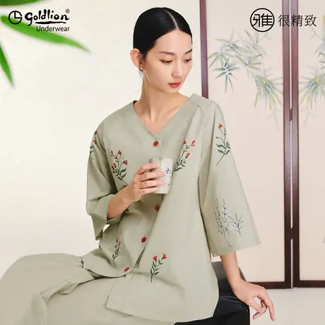 金利来新中式纯棉家居服女2025新款夏季薄款七分袖印花睡衣裤套装图片