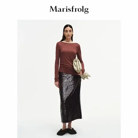 Marisfrolg玛丝菲尔25秋新款设计感气质后开叉直身重工亮片半裙图片