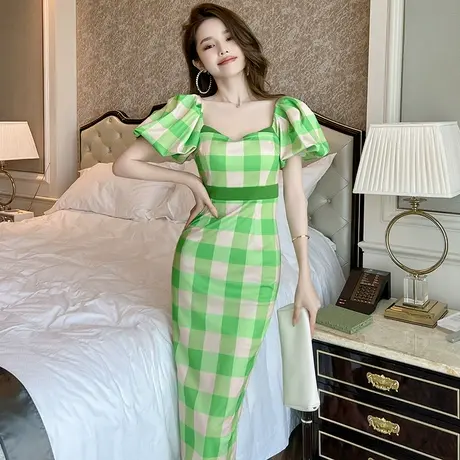 轻奢显瘦御姐风复古格子连衣裙过膝中长款修身气质超仙绝美包臀裙图片