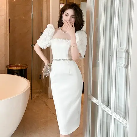 高级感复古女神范气质白色连衣裙夏季圆领中长款修身包臀直筒裙女图片