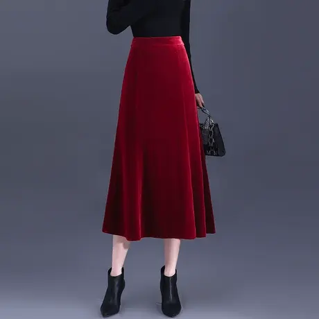 红色金丝绒半身裙女秋季2023新款高腰显瘦垂感a字裙气质中长裙子图片