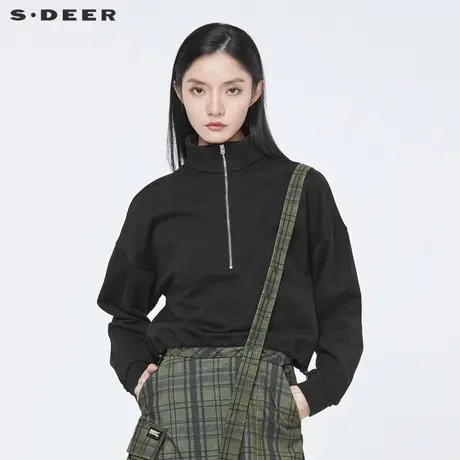 sdeer圣迪奥2022春装新品时尚立领拉链拼接短款运动卫衣S22160203商品大图