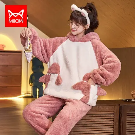猫人情侣睡衣女冬珊瑚绒加绒加厚保暖套装秋冬款法兰绒卡通家居服图片