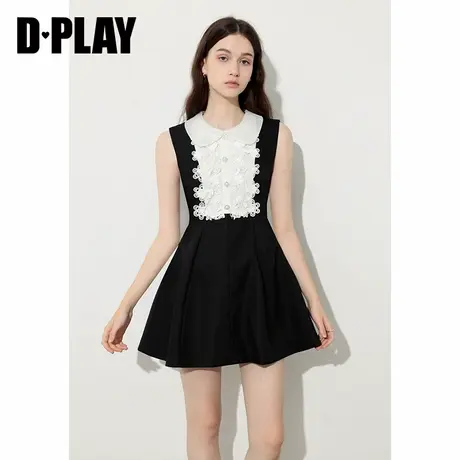 DPLAY2025年夏季新款黑色收腰连衣裙女娃娃领蕾丝甜美A字短裙图片