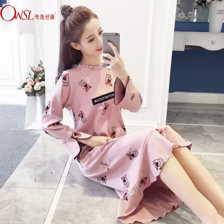 棉睡衣女秋季卡通女长袖睡裙宽松韩版女套头家居服图片