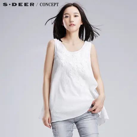 sdeer圣迪奥2018夏季女愫白柔美圆摆绣花无袖阔摆上衣S16280646图片