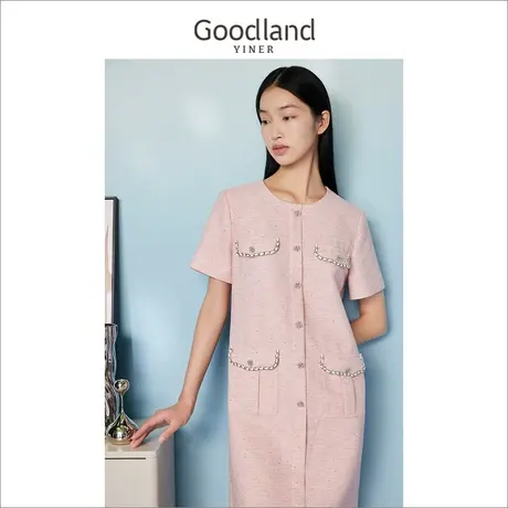 【名媛小香风】Goodland美地女装2023夏季金属饰扣钉珠连衣裙图片