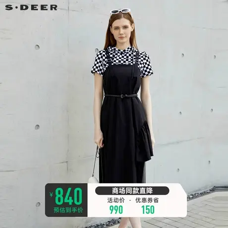 sdeer圣迪奥女装格纹收腰网纱针织吊带裙套装S23281403图片