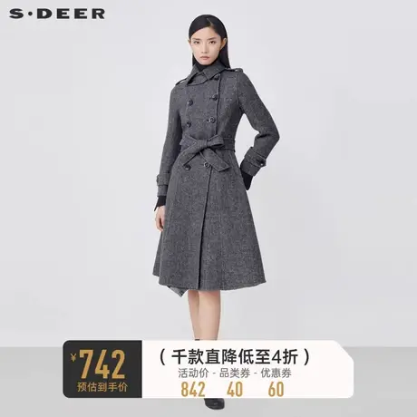 sdeer圣迪奥冬翻领条纹双排扣收腰长款毛呢大衣S21481838图片