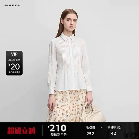 sdeer圣迪奥女装复古翻领风琴褶绣花长袖衬衫S241Z0520商品大图
