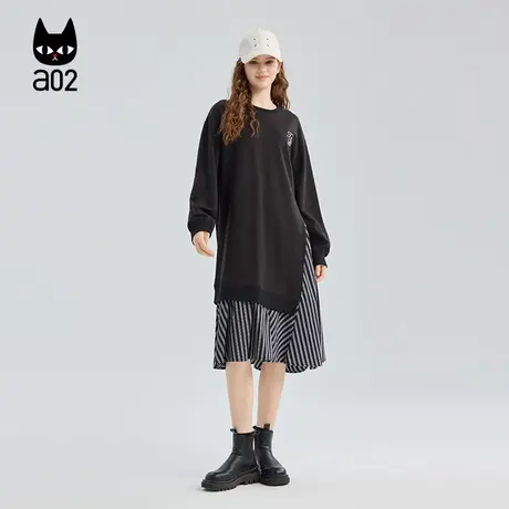 a02假两件条纹拼接连衣裙女2025秋季新款黑色裙子设计感长裙秋装图片