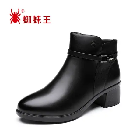 蜘蛛王清仓短靴女百搭春季真皮粗跟侧拉链加绒圆头英伦女靴潮图片