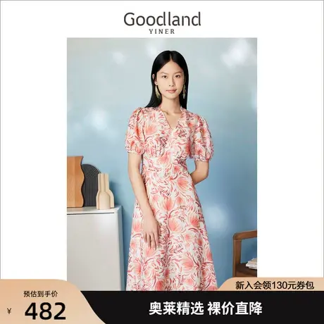 音儿美地女装2023夏季新款时尚写意花卉灯笼袖伞摆收腰修身连衣裙图片