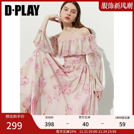 DPLAY秋一字肩荷叶边高腰大摆裙微醺粉蔷薇印花度假风连衣裙图片