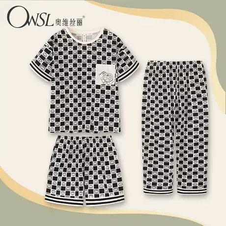 哆啦A梦睡衣女三件套薄夏季短袖长裤格子家居服套装图片