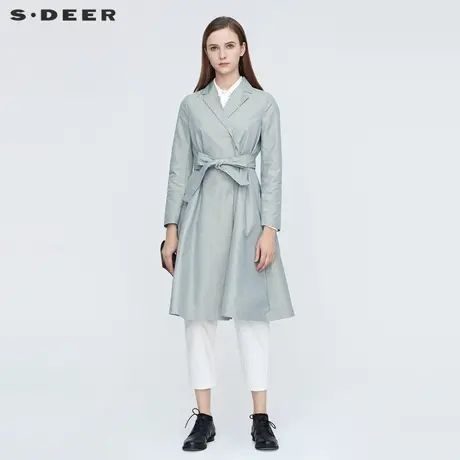 sdeer圣迪奥春秋装休闲翻领暗褶拼接收腰长款大衣女S21181810图片