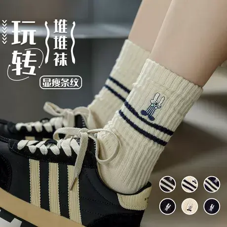 袜子女中筒ins学院风日系运动条纹堆堆袜春款长筒可爱风卡通棉袜图片