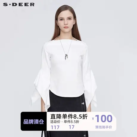 sdeer圣迪奥女装一字领不规则拼接长袖T恤S21180201商品大图