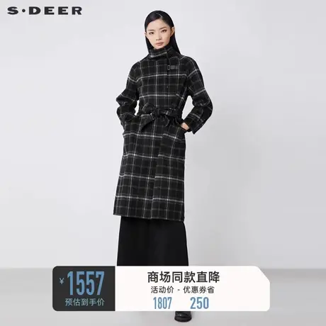 sdeer圣迪奥秋冬高领撞色格纹拼接收腰毛呢大衣S21481844图片