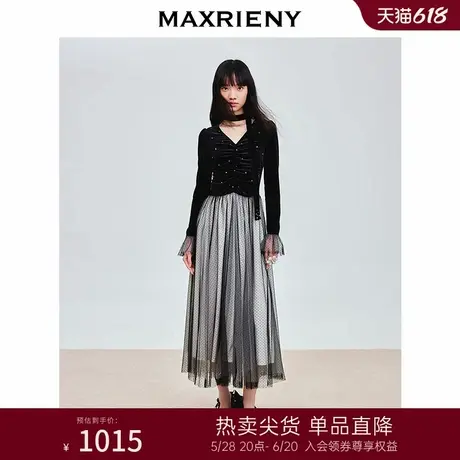 MAXRIENY精致优雅宫廷风连衣裙网纱拼接长裙高级气质感高腰显瘦图片