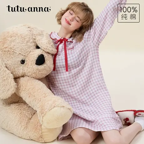 tutuanna秋季全棉睡衣女 双层纱小花满印娃娃领长袖睡裙家居服女图片