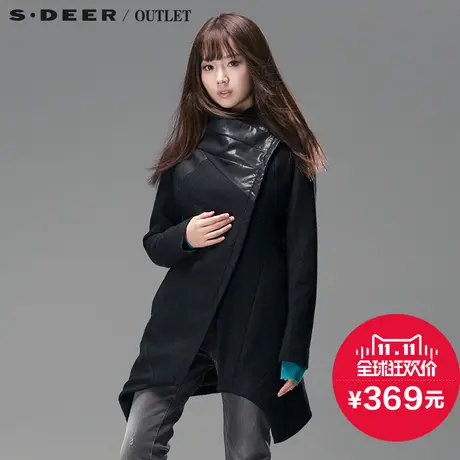 s.deer圣迪奥女装冬装中长款毛呢大衣拼皮外套S13481870图片