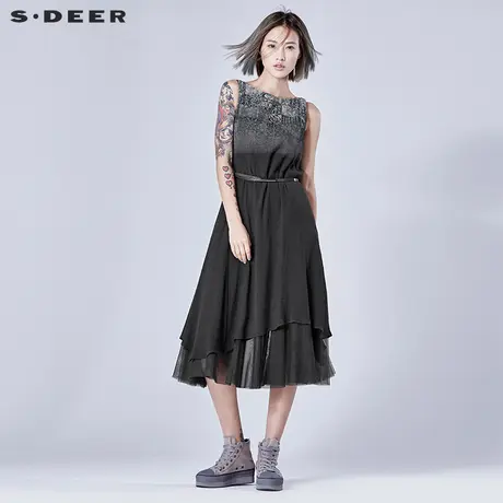 【聚】sdeer圣迪奥做旧印花网纱拼接腰带雪纺连衣裙女S16281263图片
