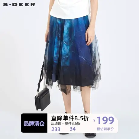 sdeer圣迪奥女装优雅松紧扎染印花网纱拼接A字长裙S21181101图片