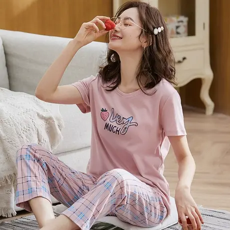 新一步纯棉睡衣女士2025年新款全棉夏季短袖长裤家居服套装可外穿图片
