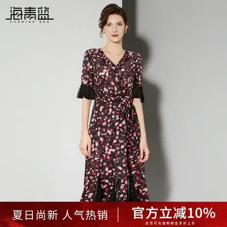 海青蓝法式收腰短袖连衣裙2025夏季新款气质减龄高级碎花V领裙子图片