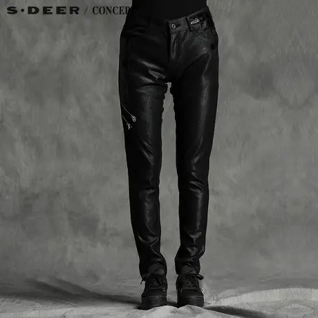 sdeer圣迪奥女装酷感光泽贴片修身长裤S15380892商品大图