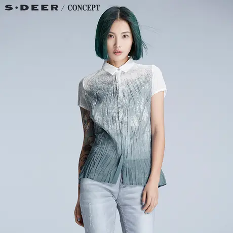 【新品】sdeer圣迪奥女夏清冷色调氤氲印花清透短袖衬衫S16280434图片