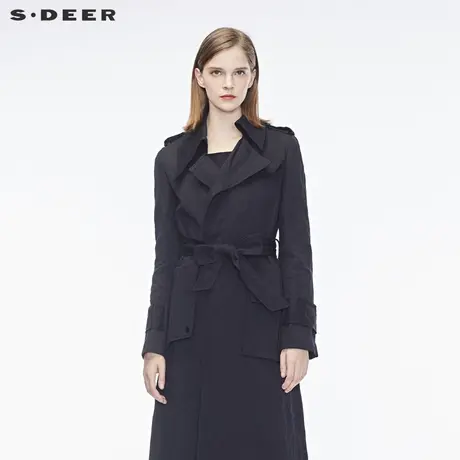 sdeer圣迪奥2019春装女纯黑贴袋翻领束腰长款风衣外套S17181813图片