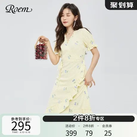 Roem商场同款春夏新品法式性感V领花瓣短袖中长茶歇荷叶边连衣裙图片
