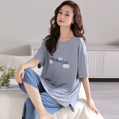 婷美莫代尔带胸垫睡衣女夏季薄款短袖七分裤套头家居服夏天两件套图片