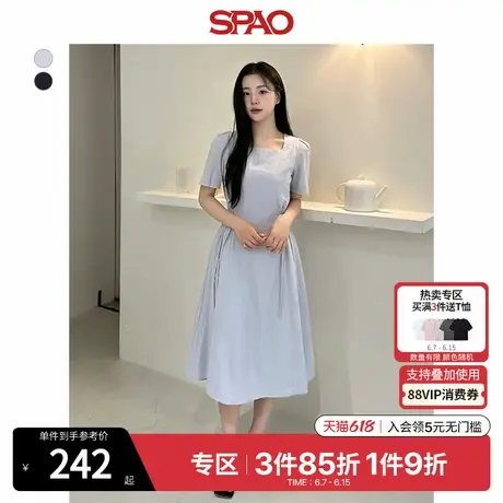 SPAO韩国同款夏季女士法式时髦甜美蝴蝶结方领气质通勤短袖连衣裙图片