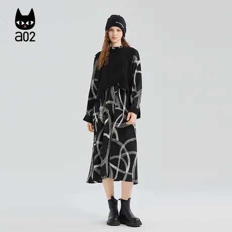 a02拼接设计感卫衣连衣裙女2025新款秋季黑色裙子设计感长裙秋装图片