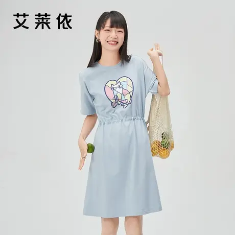艾莱依猫咪印花纯棉t恤连衣裙女夏季新款休闲收腰裙显瘦裙子图片