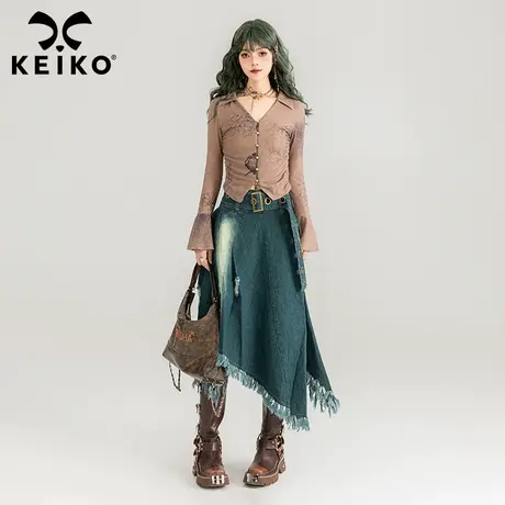 KEIKO[赠腰带]酷飒不规则牛仔半身裙春夏设计感显瘦毛边流苏长裙图片