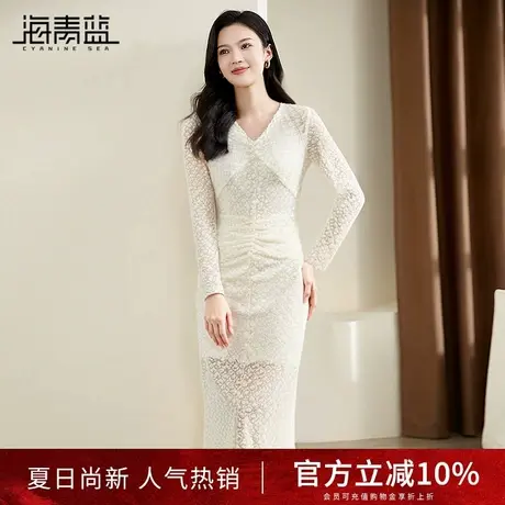 海青蓝优雅气质蕾丝连衣裙女装2025春装新款修身显瘦纯色长袖裙子图片