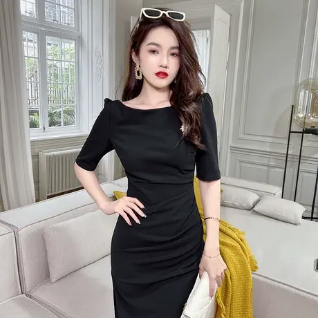 法式复古小香风过膝中长款开叉包臀裙女夏新款气质收腰显瘦连衣裙图片