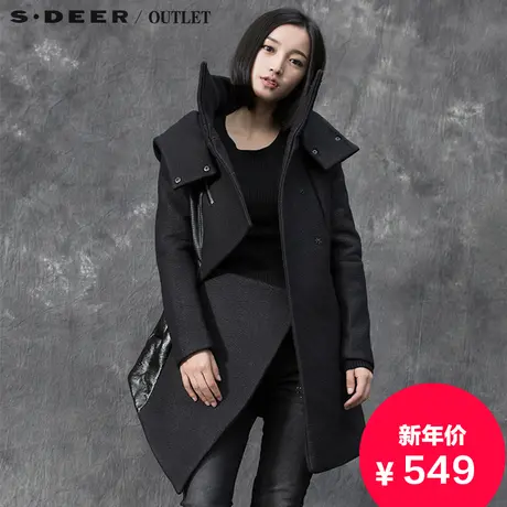 sdeer圣迪奥冬装双层翻领连帽PU拼接不规则毛呢大衣女S15481778图片