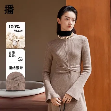 【达人直播】播100%羊毛冬季气质小高领微喇开叉袖口连衣裙图片