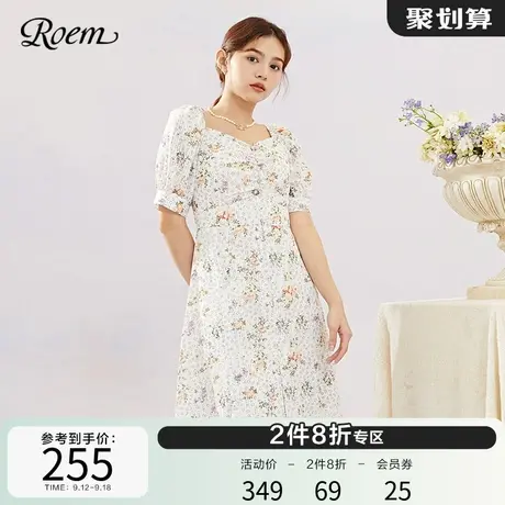 Roem商场同款碎花连衣裙新款泡泡袖连衣裙小清新甜美方领印花裙女图片
