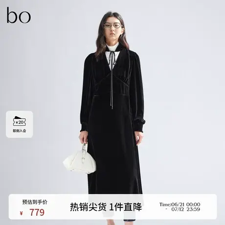播黑标系列丝绒复古镂空V领连衣裙女商场同款长裙BDR1LD2146图片