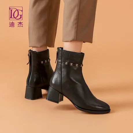 DG真皮黑色靴子女秋冬单靴短靴粗跟新款软羊皮高跟皮靴及踝靴图片